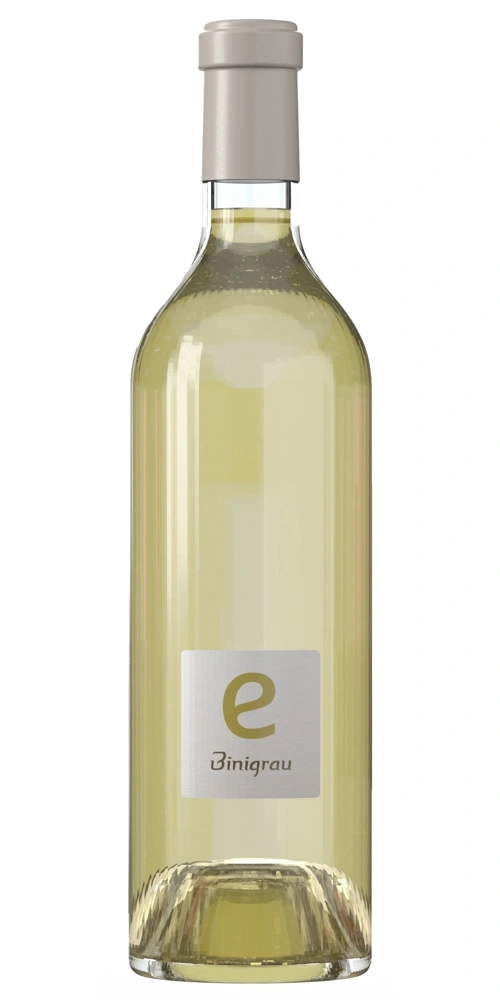 Eine Flasche weißen Weins der Marke Binigrau mit einem goldenen 'e'-Logo.