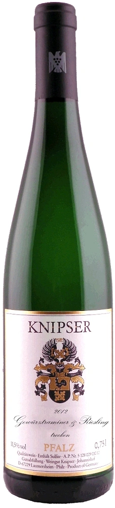 Weinflasche mit Etikett, KNIPSER, Gewürztraminer & Riesling, 2012, Pfalz, 0,75l, 11,5% vol, trocken.