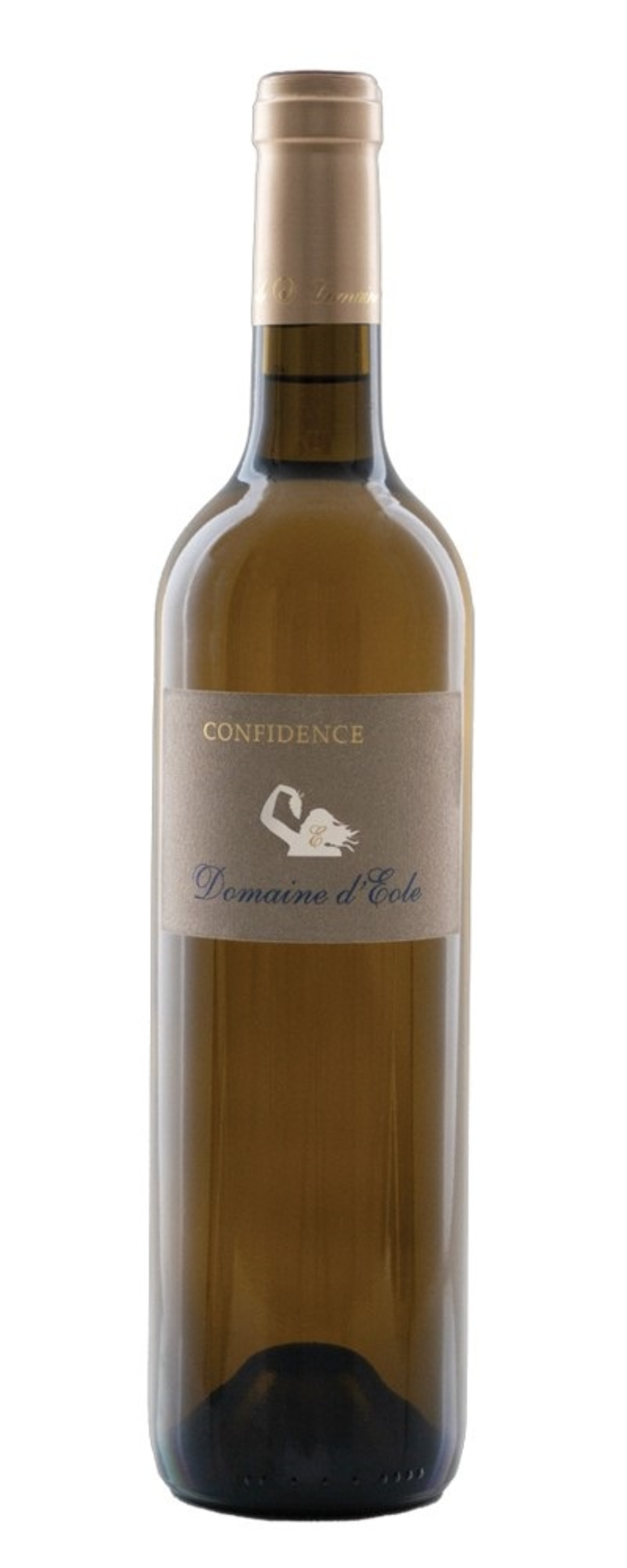 Weinflasche mit Etikett 'Confidence' und 'Domaine d'Ecole' in hellem Braun