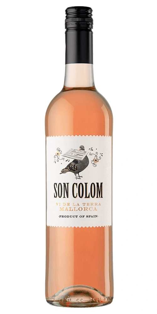 Roséwein in einer Glasflasche mit dem Etikett "Son Colom" und einem Taubenmotiv.