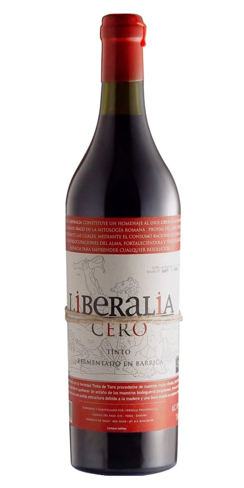 Eine Flasche Rotwein mit rotem Siegel und einem Etikett mit der Aufschrift "LIBERALIA CERO TINTO FERMENTADO EN BARRICA".