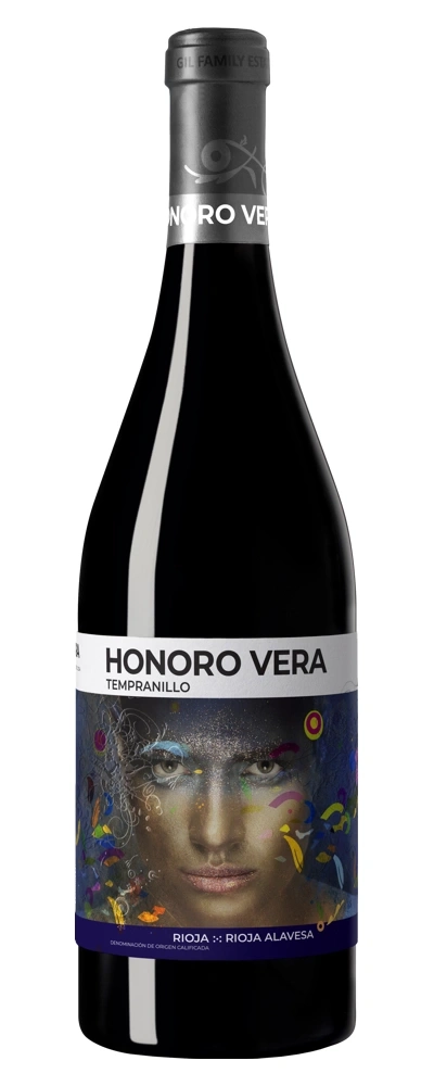 Wein Honoro Vera Tempranillo, Rioja Alavesa, Frauengesicht, farbenfroh, dunkel
