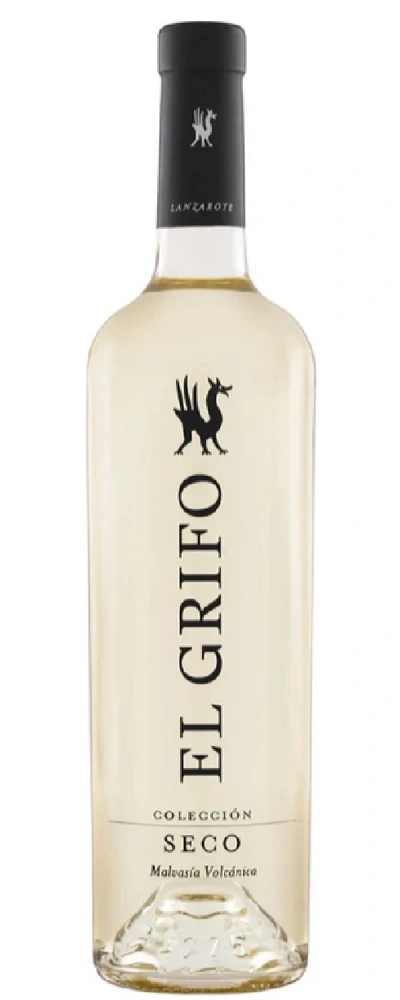 Eine Flasche Weißwein mit dem Etikett El Grifo Colección Seco Malvasía Volcánica