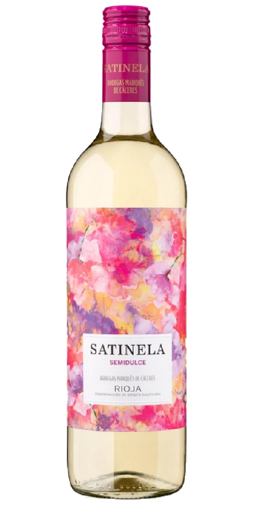 Eine Flasche Weißwein mit einem blumigen Etikett und einem pinkfarbenen Verschluss.