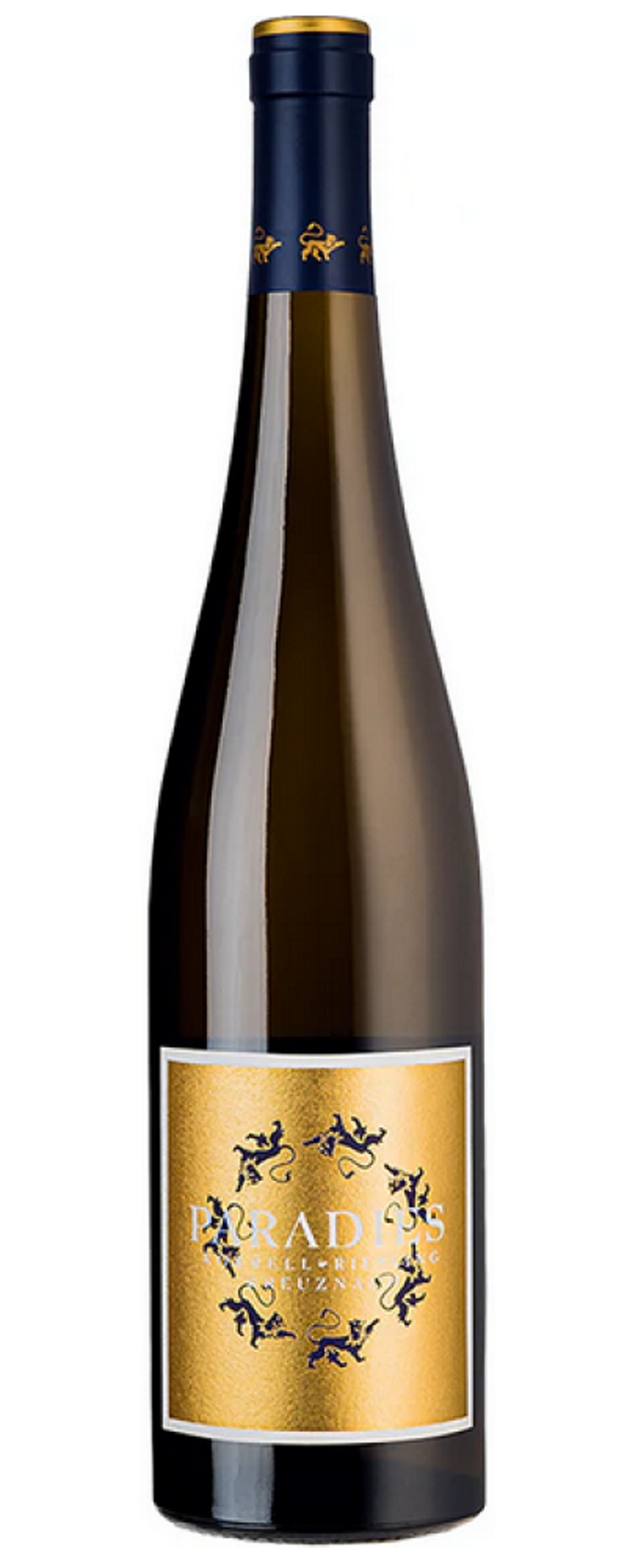 Weinflasche mit goldenem Etikett und blauen Details, Paradies Riesling Luzna.