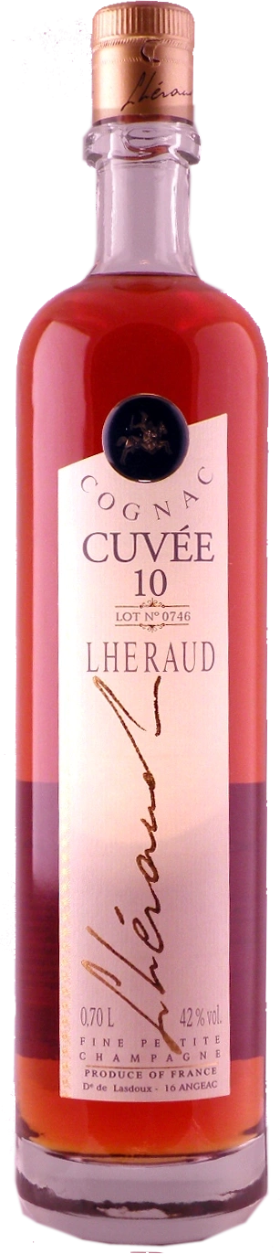 Cognac-Flasche mit Etikett, Aufschrift 'Cuvée 10', 'LHERAUD', 42% vol., 0.70 L, 'PRODUCE OF FRANCE'