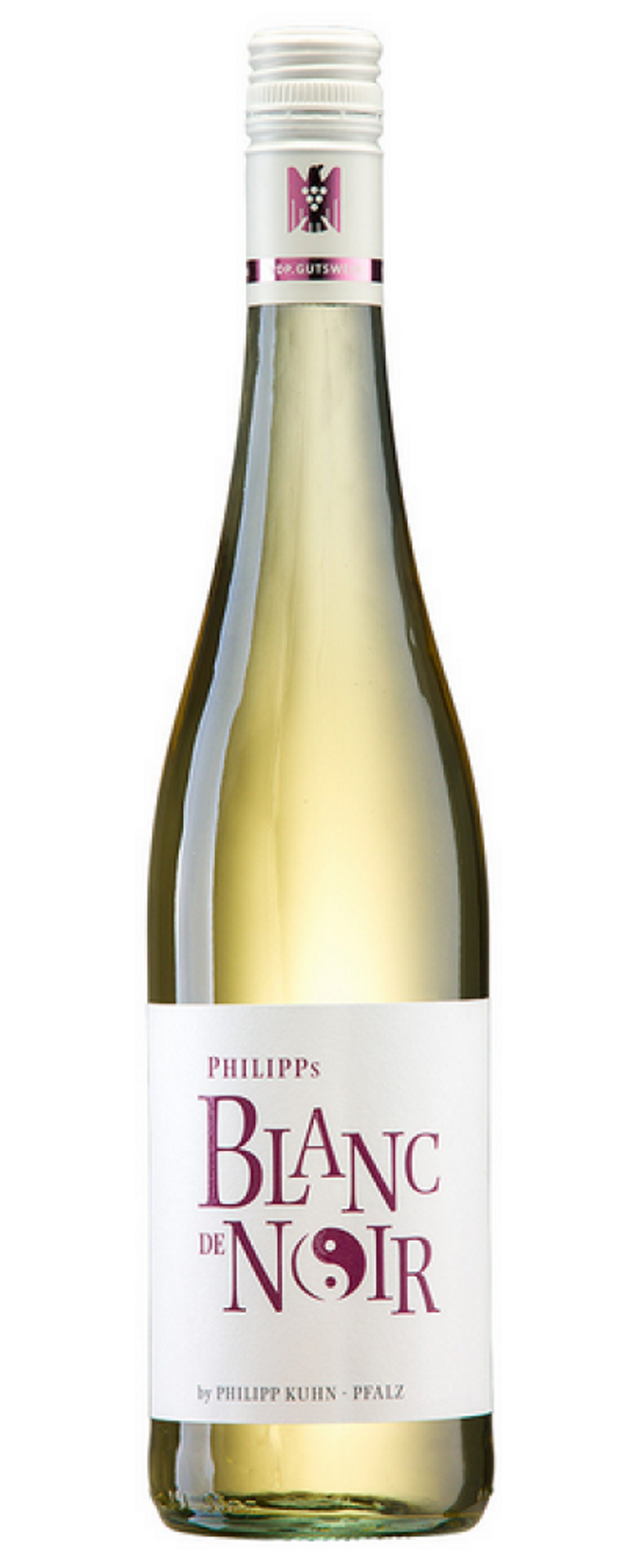 Weinflasche mit weißem Etikett und lila Schriftzug, Blanc de Noir.