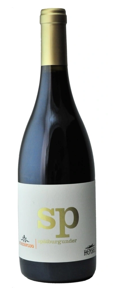 Wein-Flasche mit goldener Kapsel und Etikett mit "spätburgunder" Schriftzug.