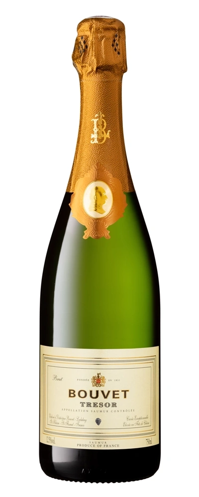Eine Flasche Bouvet Tresor Sekt, grün und goldfarben, mit Etikett und Siegel.
