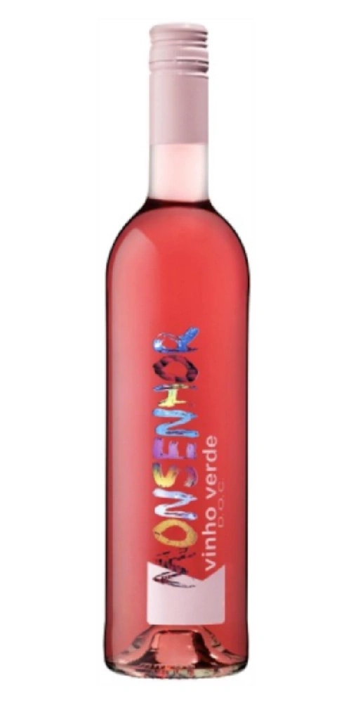 Eine Flasche Roséwein mit dem Aufdruck "MOVENHOR VINHO VERDE".