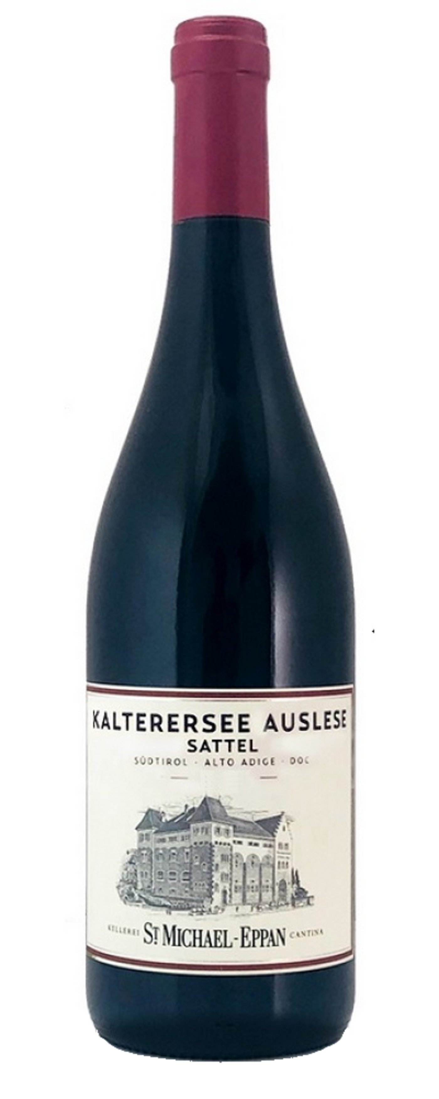 Wein-Flasche mit Etikett 'KALTERERSEE AUSLESE SATTE' und Schloss-Illustration