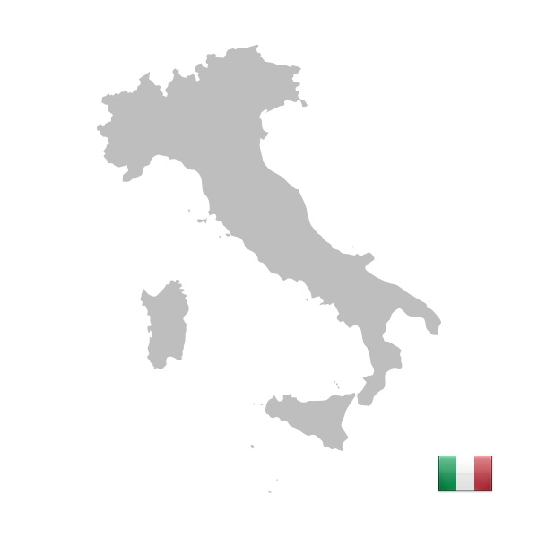 Graue Karte von Italien mit italienischer Flagge auf weißem Hintergrund.