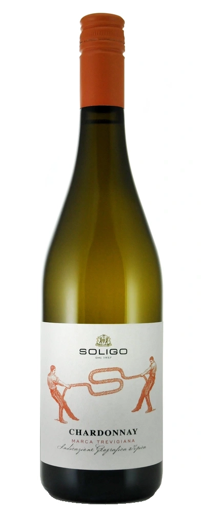 Weinflasche Soligo Chardonnay, Etikett mit zwei Figuren, die an einem Seil ziehen, orange Kappe