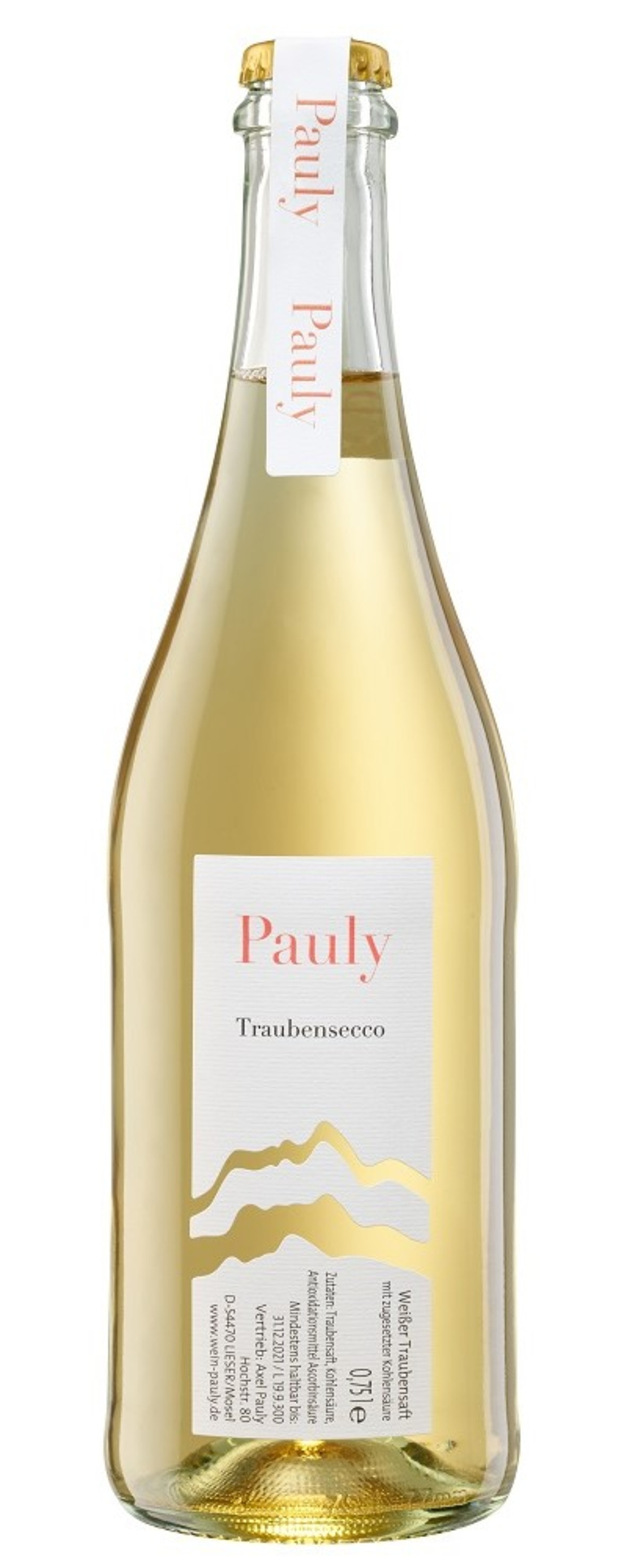 Weinflasche mit Etikett 'Pauly Traubensecco' und goldener Kapsel