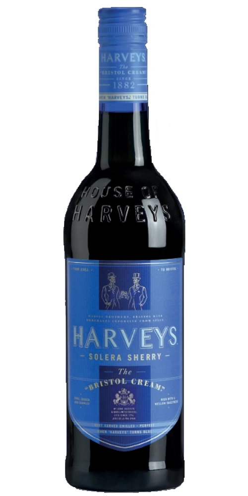 Eine Flasche Harveys Bristol Cream Sherry, ein Sherrywein aus Spanien.