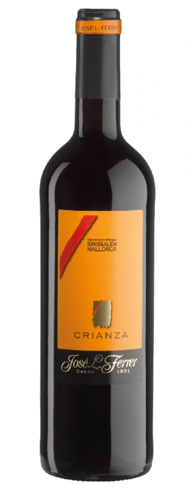 Eine Flasche Rotwein mit einem orangen Etikett und der Aufschrift "CRIANZA".