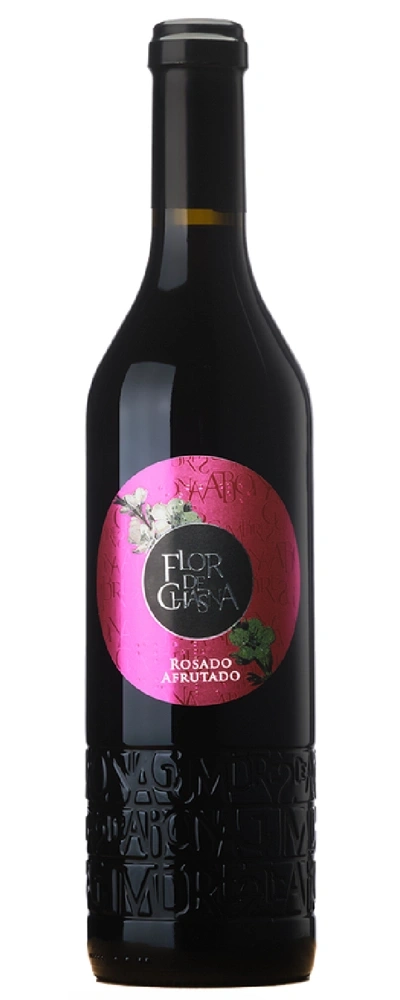 Eine Flasche Rotwein mit einem rosafarbenen Etikett und der Aufschrift "Flor de G
sena Rosado Afrutado".