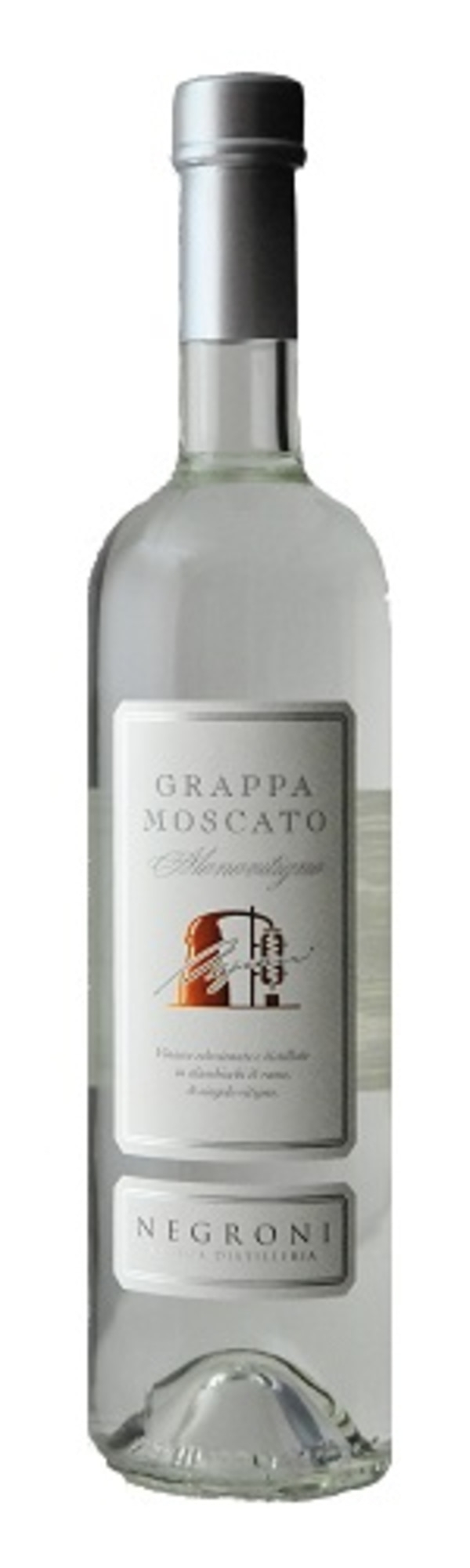 Grappa Moscato Negroni Flasche, klar, mit silbernem Verschluss und Etikett