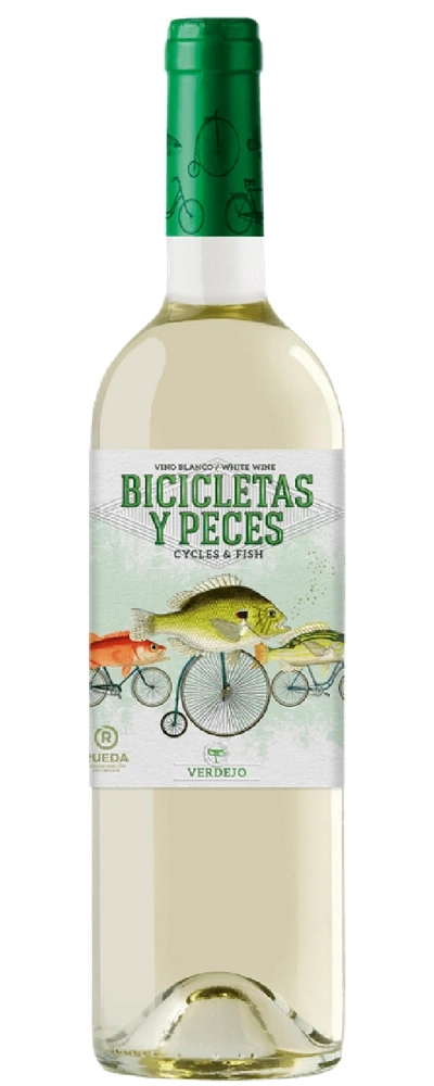 Flasche Weißwein mit Fahrrädern und Fischen auf dem Etikett.
