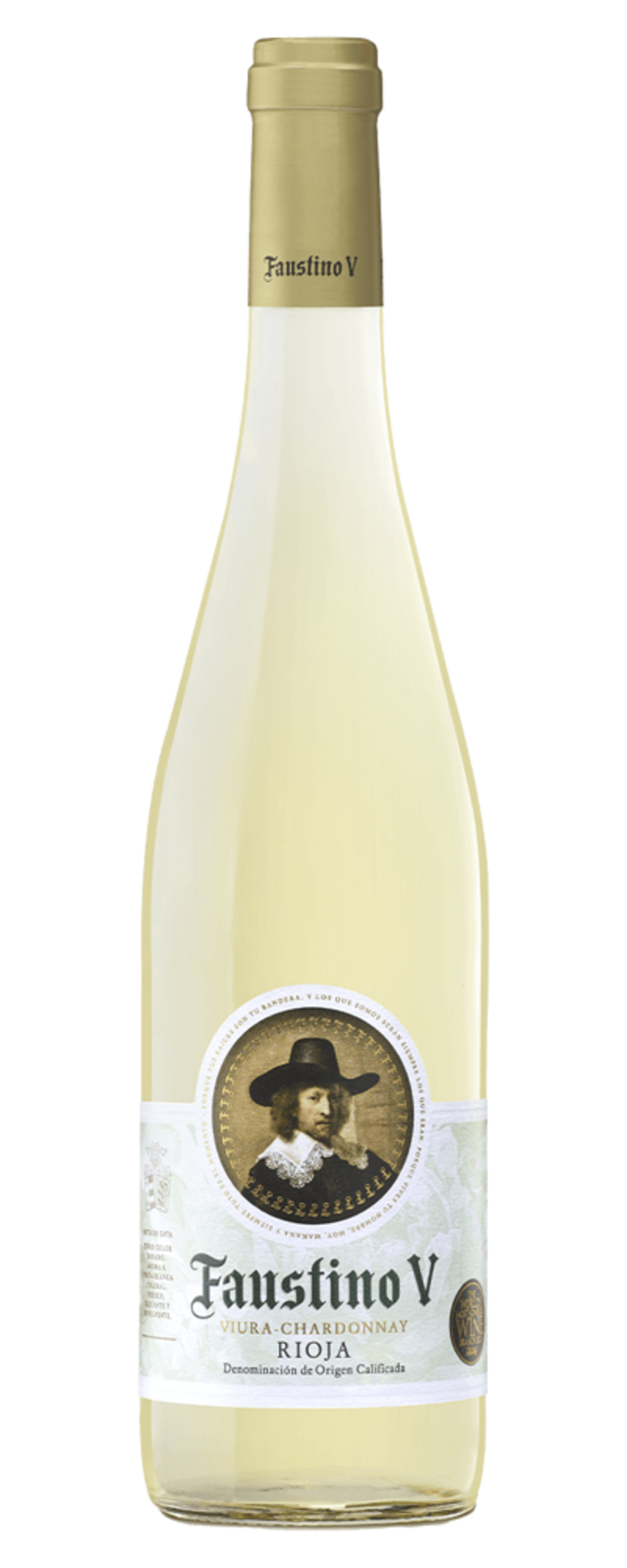 Weinflasche Faustino V Viura-Chardonnay Rioja, goldene Kappe, Etikett mit Mann