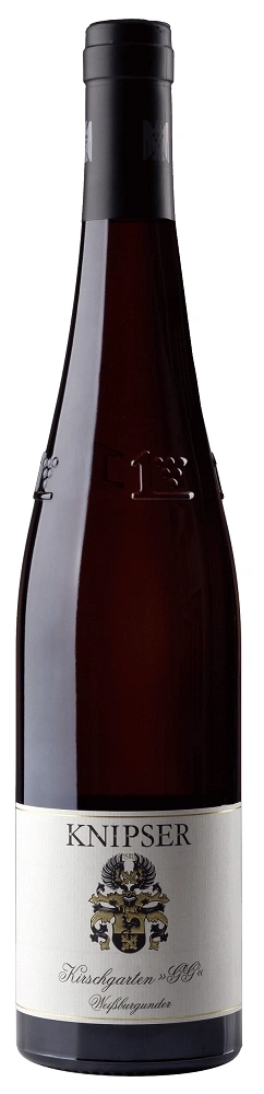 Wein-Flasche mit Etikett, Aufschrift KNIPSER, Kirschgarten »GG« Weißburgunder