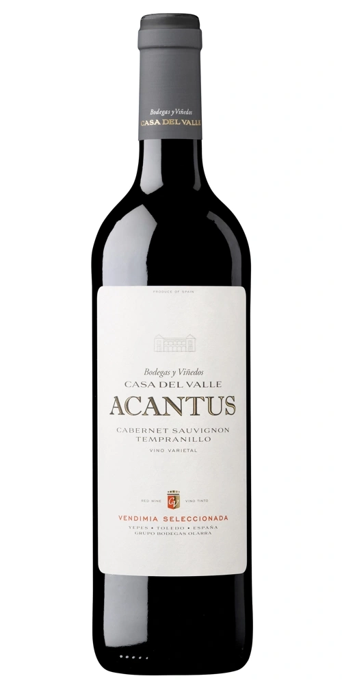 Eine Flasche Rotwein der Marke Acantus Casa Del Valle mit Etikett.