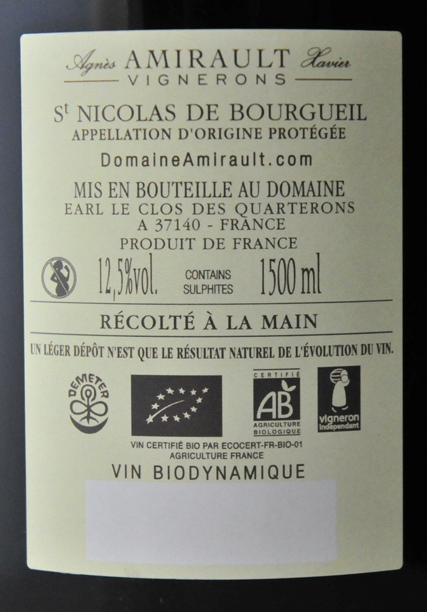 Weinlabel mit Text, Logo, 12,5% vol, 1500 ml, biodynamisch, Frankreich, Vigneron Independant