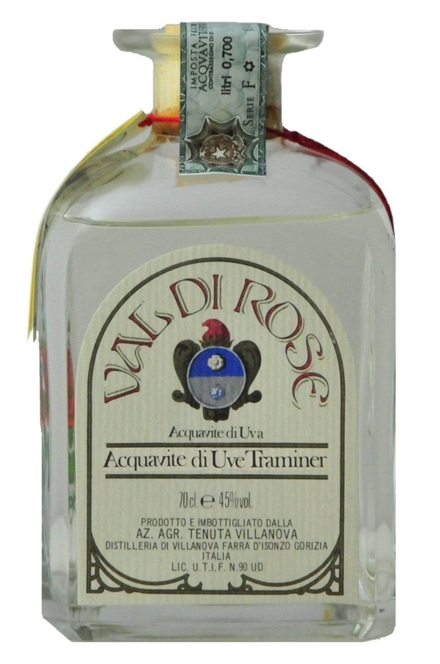 Glasflasche mit Etikett, Aufschrift 'Acquavite di Uve Traminer', 70cl, 45% vol.