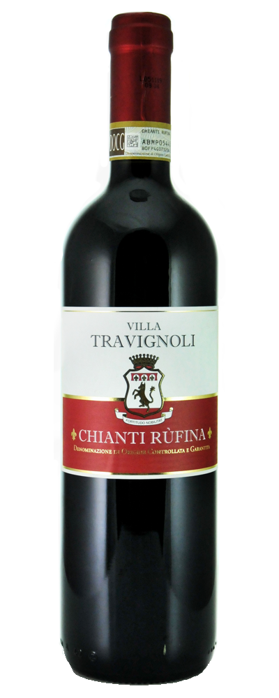 Wein-Flasche mit Etikett 'Villa Travignoli Chianti Rùfina' vor weißem Hintergrund
