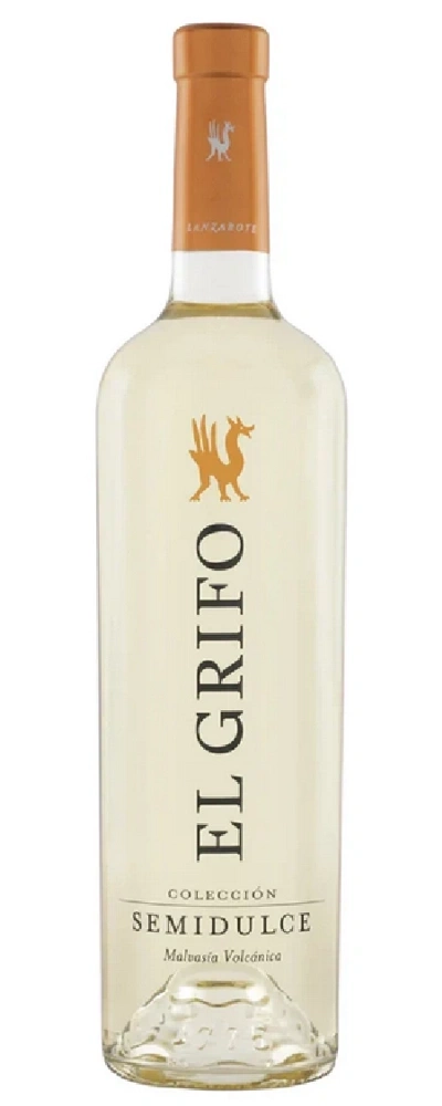 Eine Flasche Weißwein mit dem Etikett El Grifo Semidulce Malvasía Volcánica