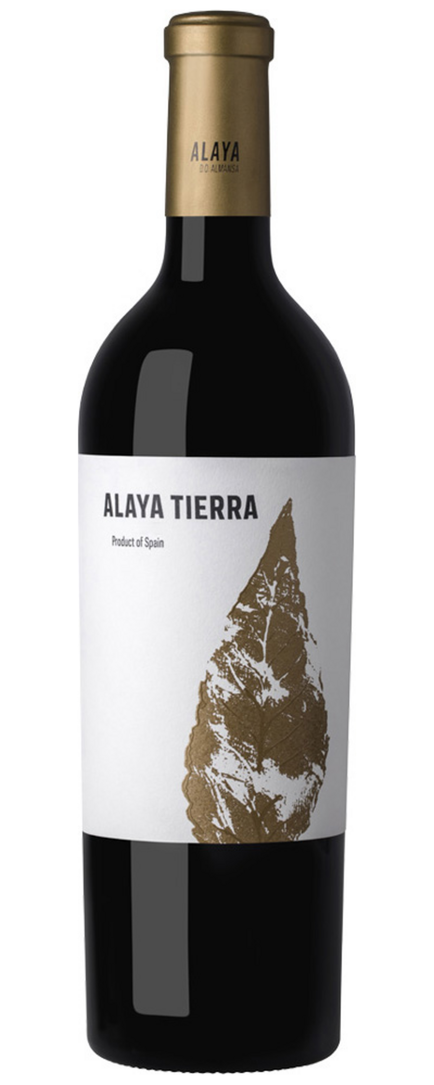 Wein Alaya Tierra, Produkt aus Spanien, Flasche mit goldenem Etikett und Blatt