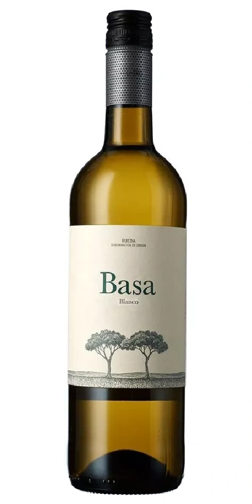Flasche Basa Blanco Wein mit Etikett und zwei Bäumen