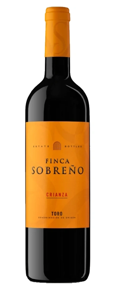 Flasche Rotwein mit orangefarbenem Etikett und Aufschrift Finca Sobreno Crianza Toro
