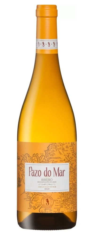 Eine Flasche Weißwein mit dem Etikett Pazo do Mar und einer Karte von Spanien.