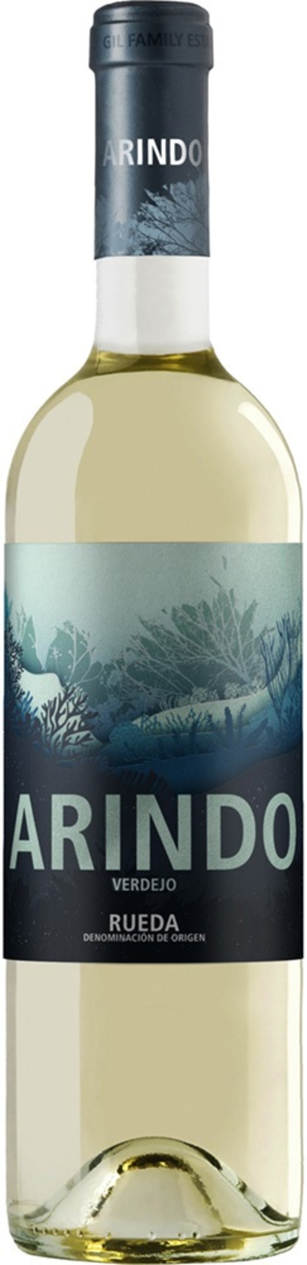 Weinflasche Arindo Verdejo Rueda, blaues Etikett, helle Flüssigkeit, Glasflasche