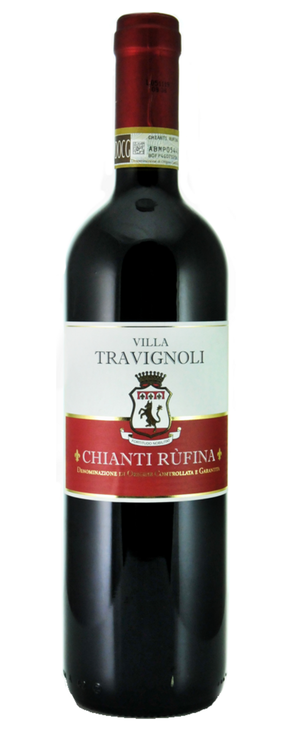 Wein-Flasche mit Etikett 'Villa Travignoli Chianti Rùfina' vor weißem Hintergrund