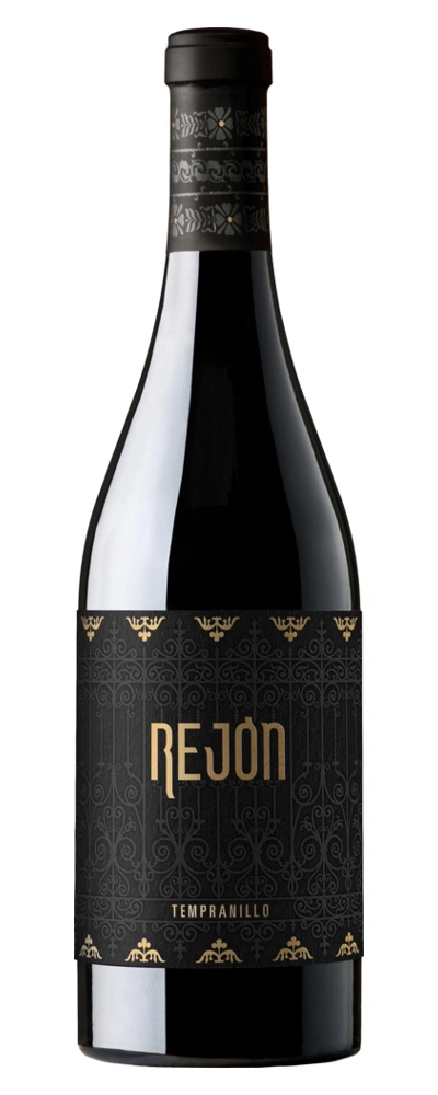 Wein-Flasche mit schwarzem Etikett und goldener Schrift, 'REJÓN' und 'TEMPRANILLO'.