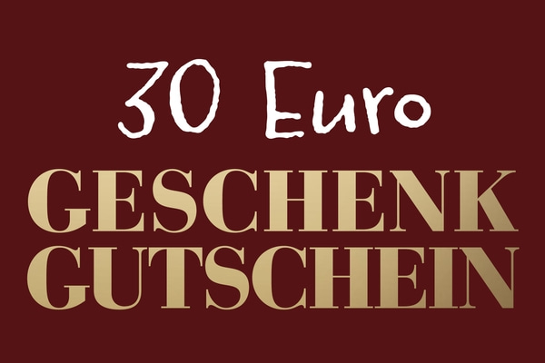 Geschenkgutschein über 30 Euro, weißer Text auf weinrotem Hintergrund.