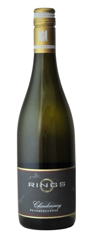Weinflasche mit dem Etikett "RINGS Chardonnay Weissburgunder".