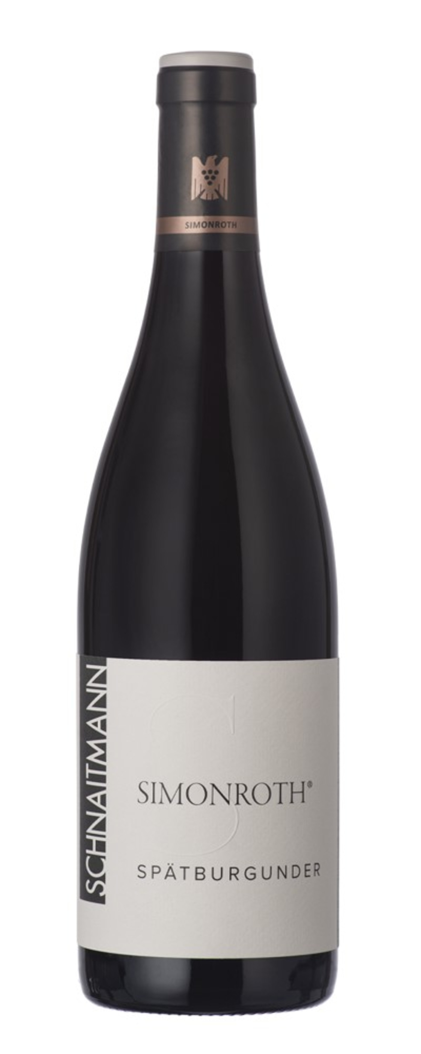 Wein-Flasche von Simonroth Spätburgunder, dunkle Farbe, Etikett mit Schriftzug.
