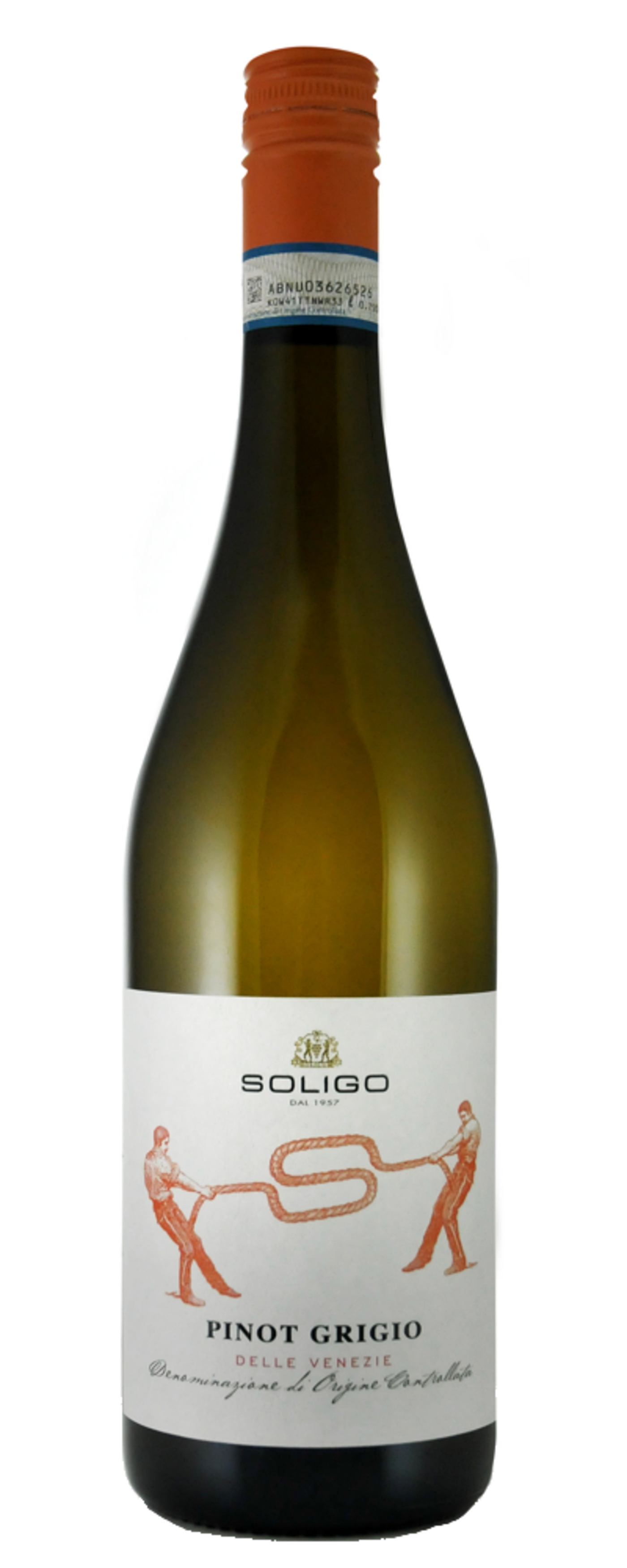 Weinflasche Soligo Pinot Grigio, weißes Etikett, orange Kappe, Wein