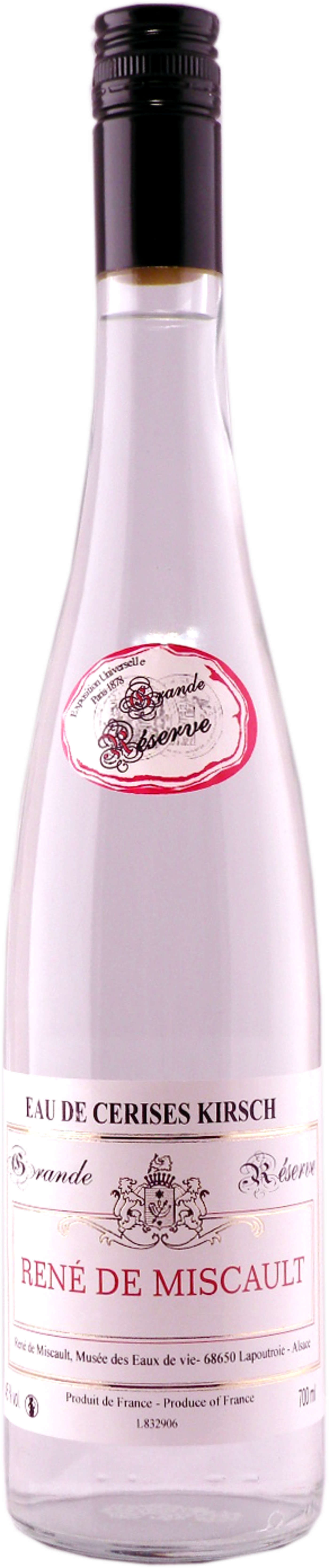 Eine Flasche Kirschwasser, René de Miscault, Grande Réserve, Produkt aus Frankreich.