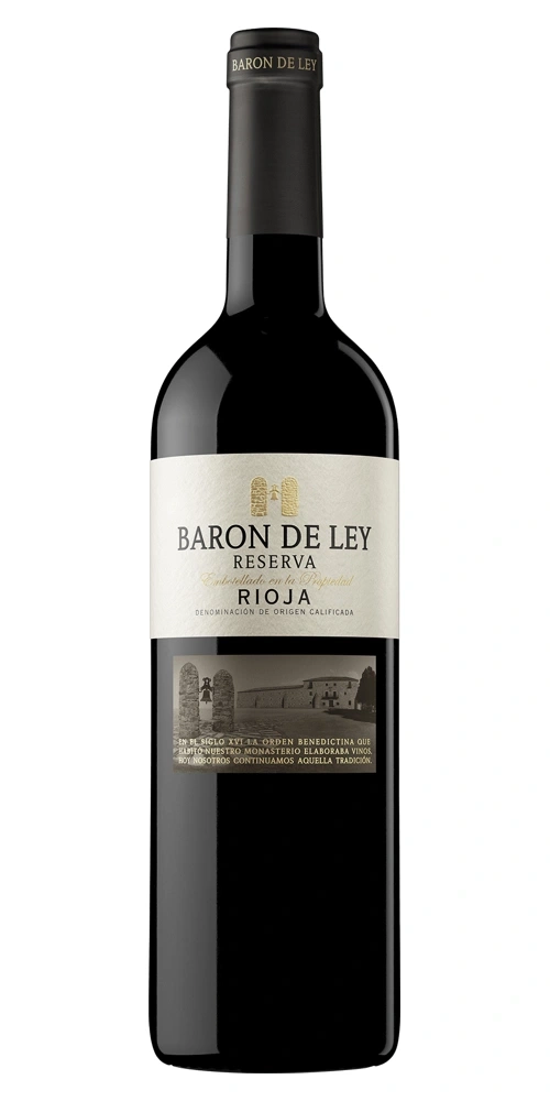 Eine Flasche Rotwein der Marke Baron de Ley Reserva Rioja.
