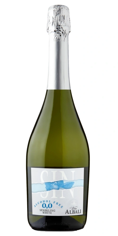 Alkoholfreier weißer Sekt in einer grünen Flasche mit silbernem Verschluss