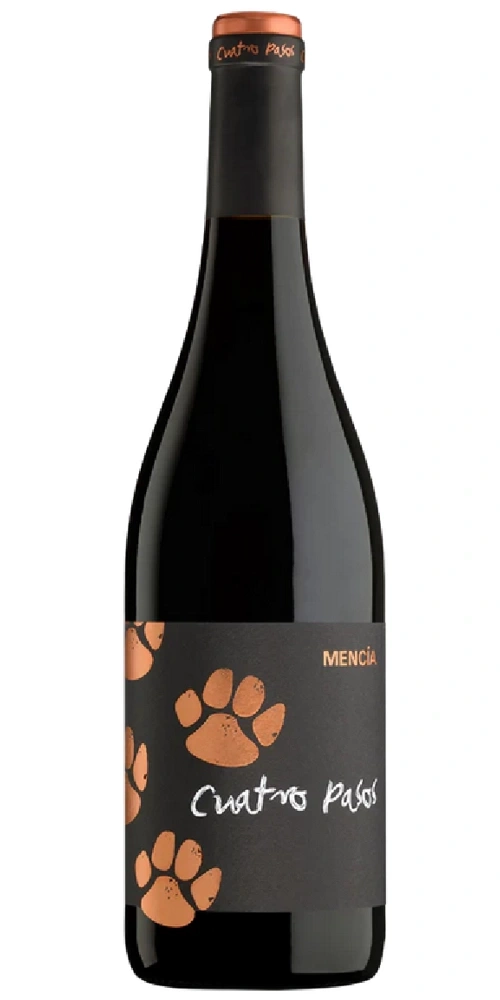 Schwarze Weinflasche mit "Cuatro Pasos" und Pfotenabdruck-Design.