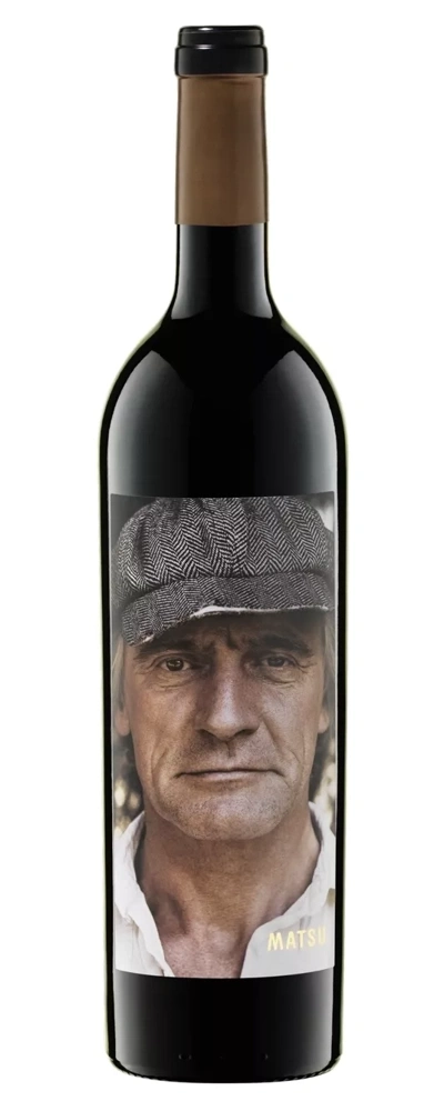 Wein-Etikett mit Porträt eines Mannes mit Mütze, MATSU-Aufschrift.