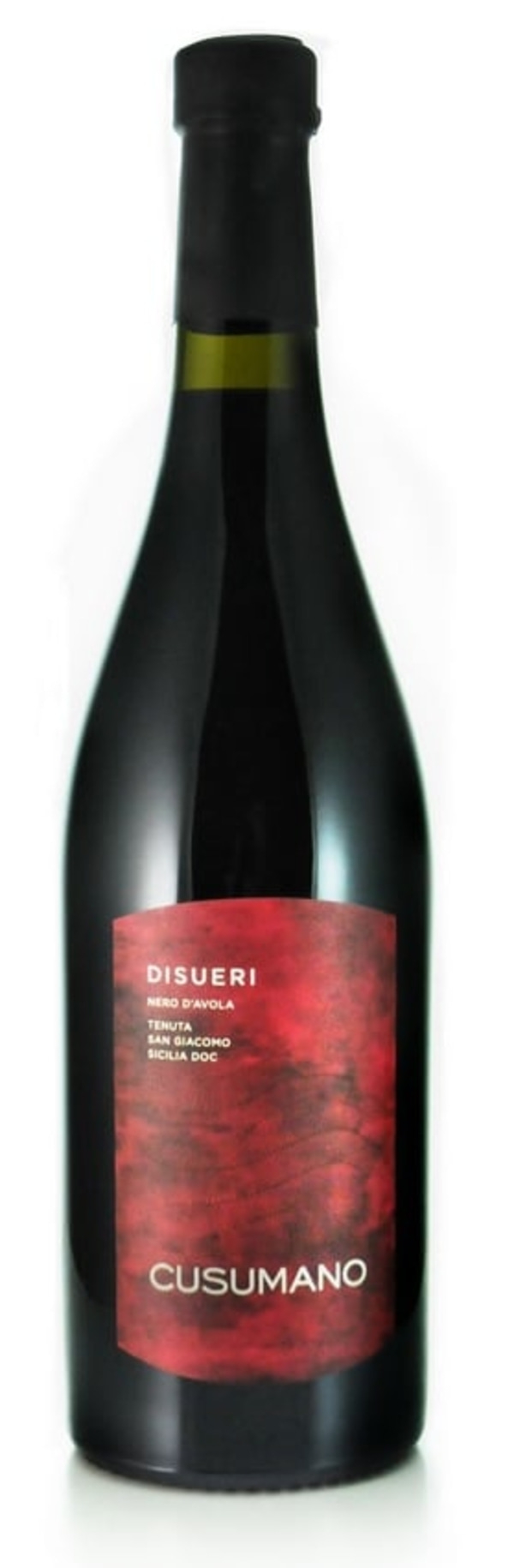Wein-Flasche mit rotem Etikett, Disueri Nero d'Avola, Cusumano, Sicilia DOC.