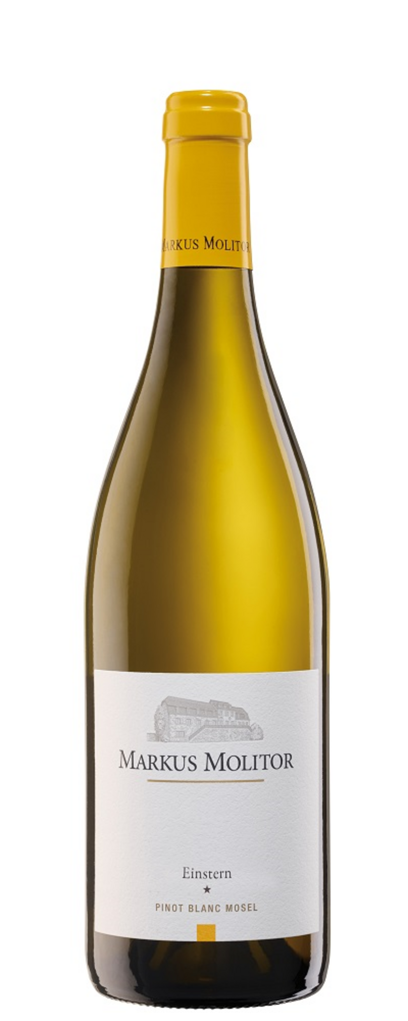 Weinflasche von Markus Molitor, Pinot Blanc Mosel, Einstein, gelbe Kapsel