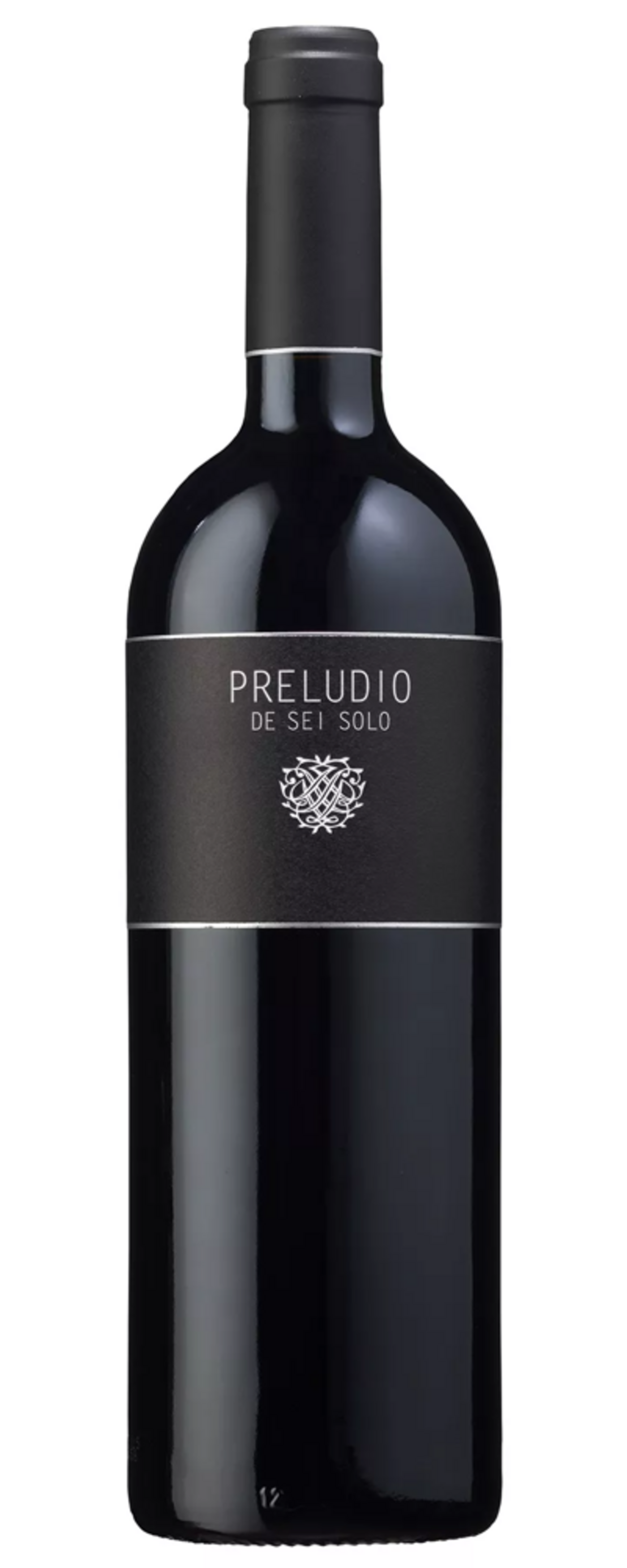 Wein-Flasche mit schwarzem Etikett und silbernen Details, PRELUDIO DE SEI SOLO.