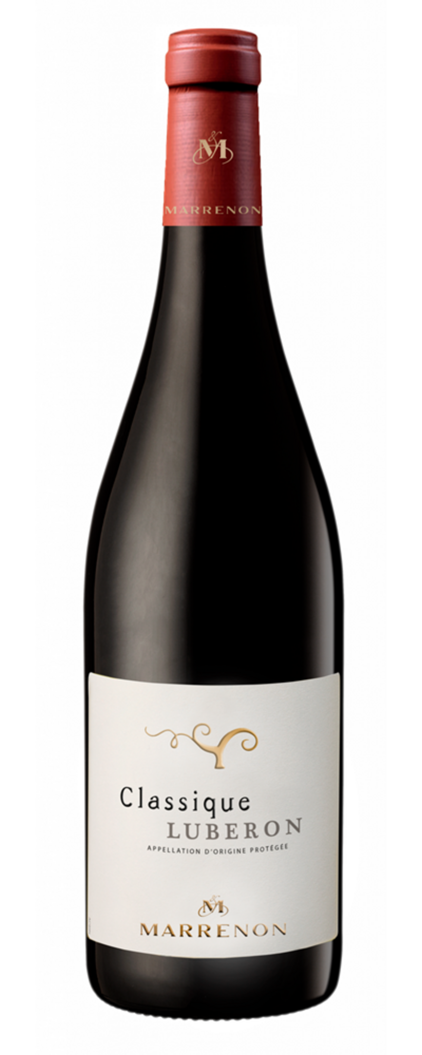 Wein-Flasche mit roter Kapsel und Etikett 'Classique Luberon' von Marrenon.